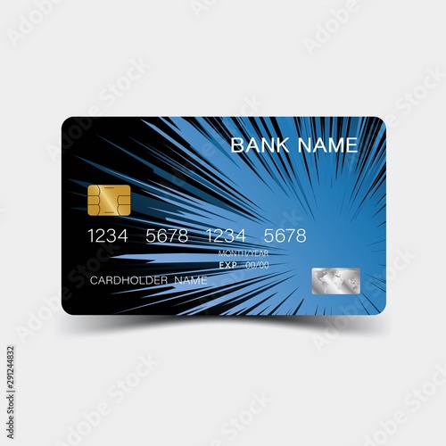 Credit card. With blue elements desing. And inspiration from abstract. On white background. Glossy plastic style. 