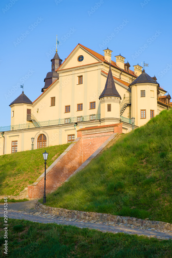 Sunny May morning at the walls of old Nesvizsky Castle. Belarus