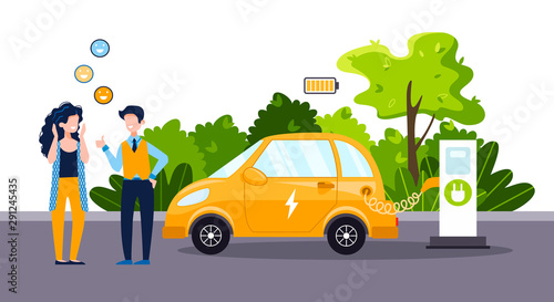 An electric car charges from an electric vehicle charging station. People talk to each other. Positive and smile. Concept of preserving the green environment, ecology, future. Vector flat illustration