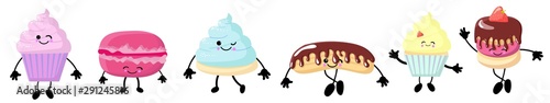 Set of sweets characters. Desserts and pastries. Cupcake, muffin, macaroons and pastries. Eclair with chocolate icing. Funny kawaii characters on white background.