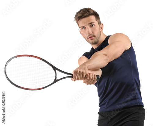 Handsome tennis player on white background © Pixel-Shot