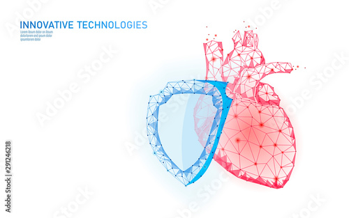 Human heart 3d protection shield medicine low poly concept. Triangle red pharmacy drugstore background. Supplement recovery reconstruction vector illustration