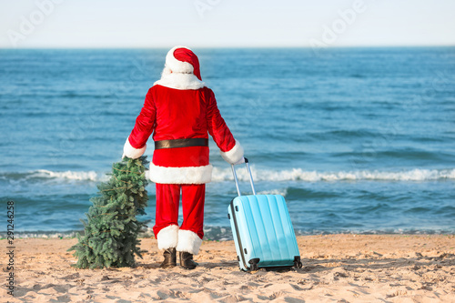Santa Claus with luggage and fir tree at sea resort