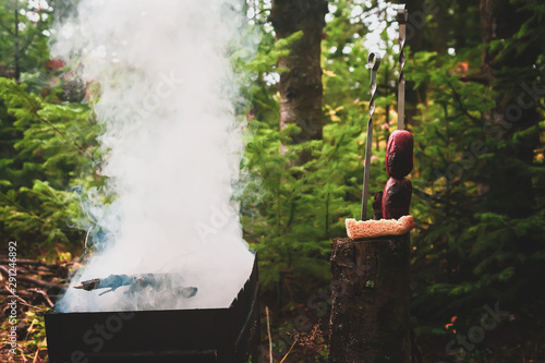 family vacation in the forest. compact grill in the woods by the fire. sausages on skewers and smoke from the fire on the background of the forest