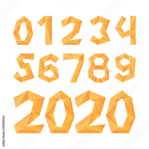 Polygonal numbers. Golden crystal style low poly numbers. Part of set.