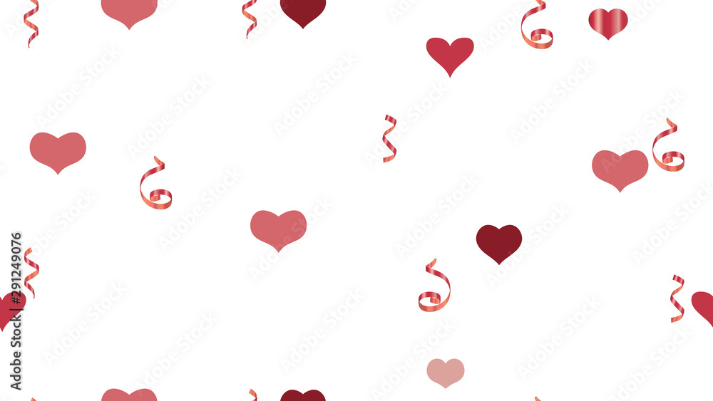 Element of packaging, textiles, wallpaper, banner, printing. Vector Seamless Pattern on a White fond. Scattered Red confetti. Romantic Pattern of Hearts and Serpentine.