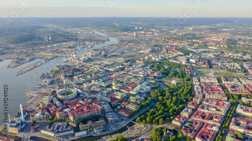 Gothenburg, Sweden. Panorama of the city central part of the city. Sunset, From Drone photo