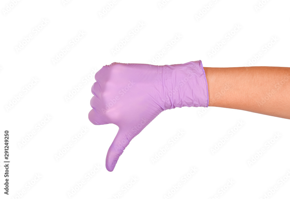 Hand in a purple latex glove isolated on white. Woman's hand gesture or sign isolated on white. Rejection symbol