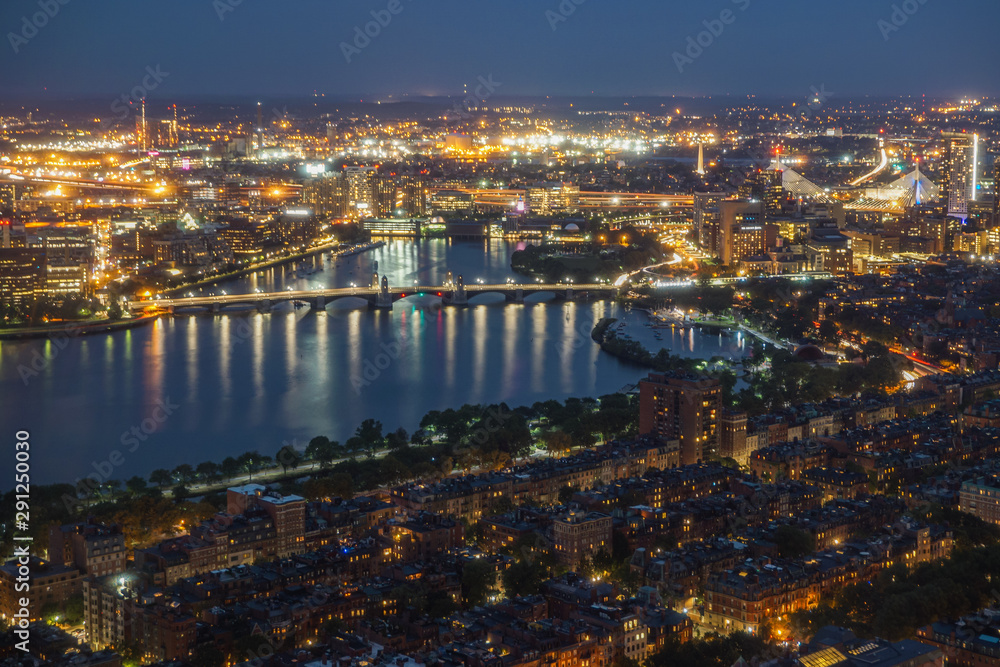 Fototapeta premium Boston cityscape from the Skywalk Observatory of the Prudential.Charles river.Massachusetts USA