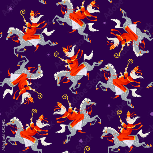 Santa Claus  Sinterklaas  rides a horse. Christmas in Holland. Seamless background pattern.