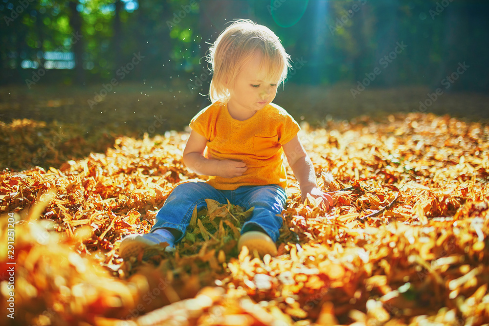 Adorable toddler girl sitting on the ground in large heap of fallen leaves - obrazy, fototapety, plakaty 