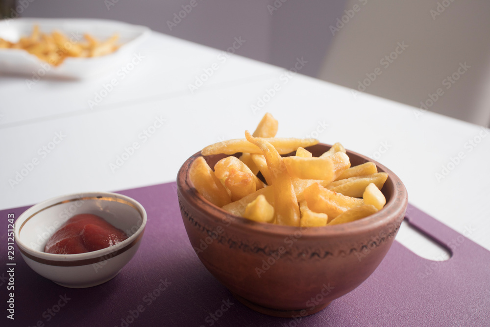 top view of french fries with ketchup on plate top view of french fries with ketchup on plate