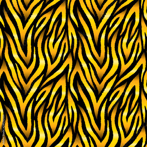 Gold zebra seamless pattern. Luxury golden lines on black background. Abstract stripes repeating backdrop. Vector jungle print. 