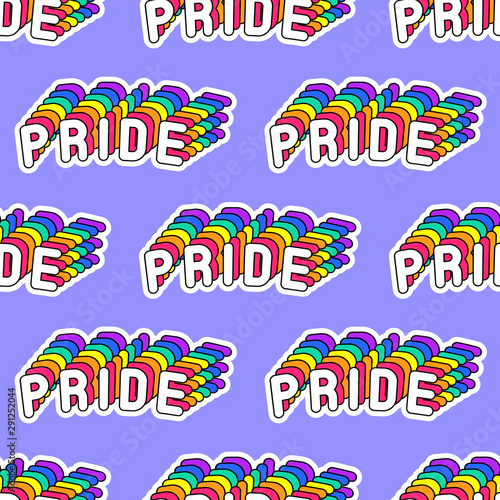 Seamless pattern with words “Pride” isolated on blue background. Text patches vector design. LGBT wallpaper for fabric, banner, wrapping paper, etc.	