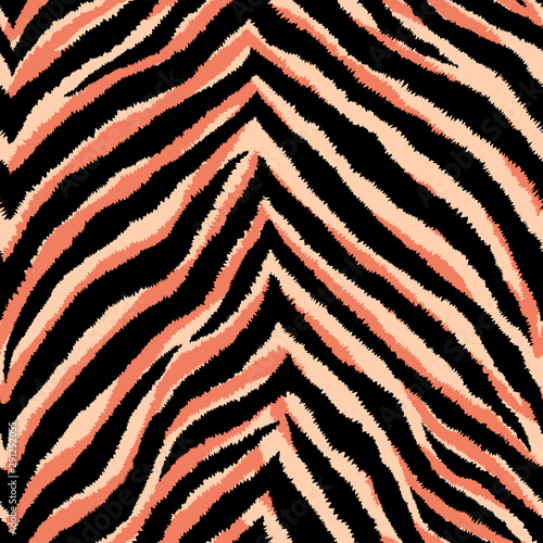Animal skin seamless pattern. Zig-zag tiger stripes and lines background. Black and orange repeating backdrop. Detailed hand-drawn vector illustration. Exotic print for fabrics  posters  banners.