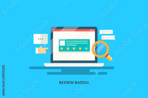 Review rating on laptop screen illustration, customer written feedback, sharing experience on web, star, testimonial message concept. Flat design vector banner.