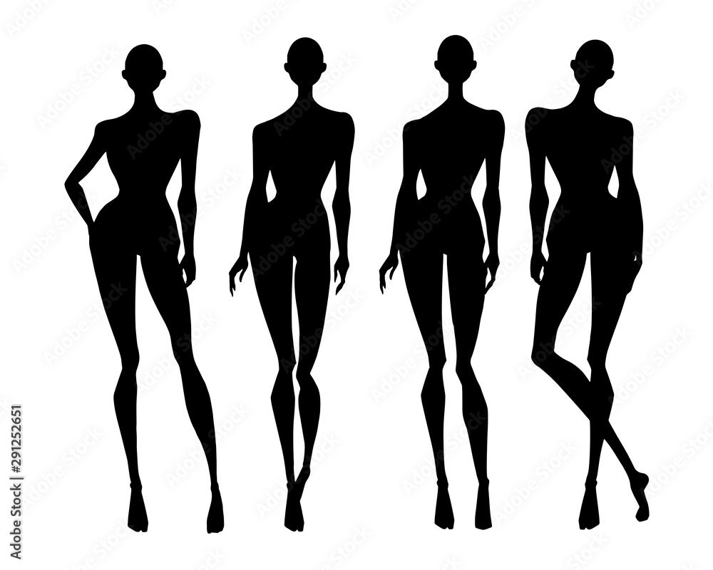 black silhouettes of girls models isolated on white