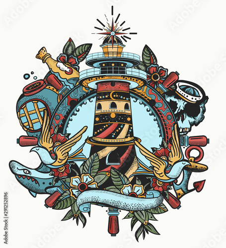 Lighthouse. Tattoo and t-shirt design. Sea adventure art. Beacon, steering wheel, shark, anchor. Color old school tattooing style