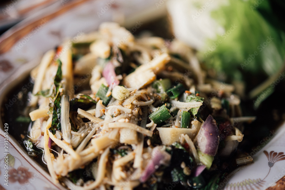 Bamboo shoot spicy salad (Soup Knor Mai) in market Bamboo shoot spicy salad (Soup Knor Mai) in market