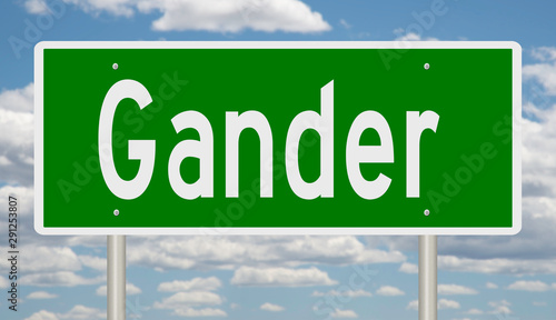 Rendering of a green road sign for Gander Newfoundland in Canada