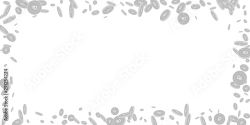 Russian ruble coins falling. Scattered black and w