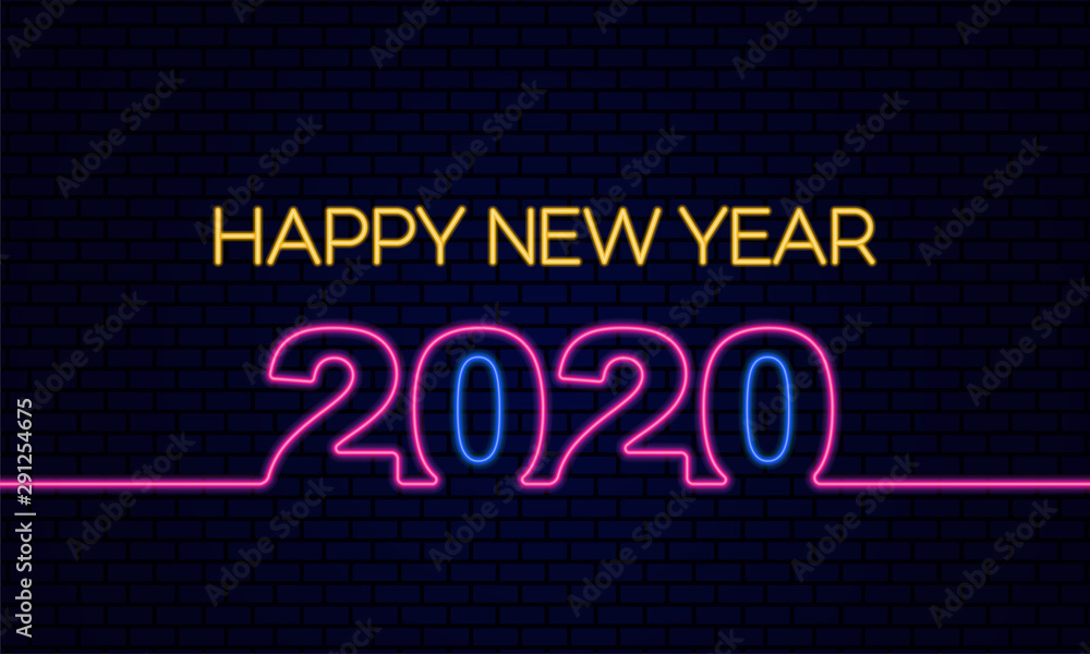 Obraz premium Happy New Year 2020 poster celebration with glowing neon light effect on dark blue brick background vector illustration