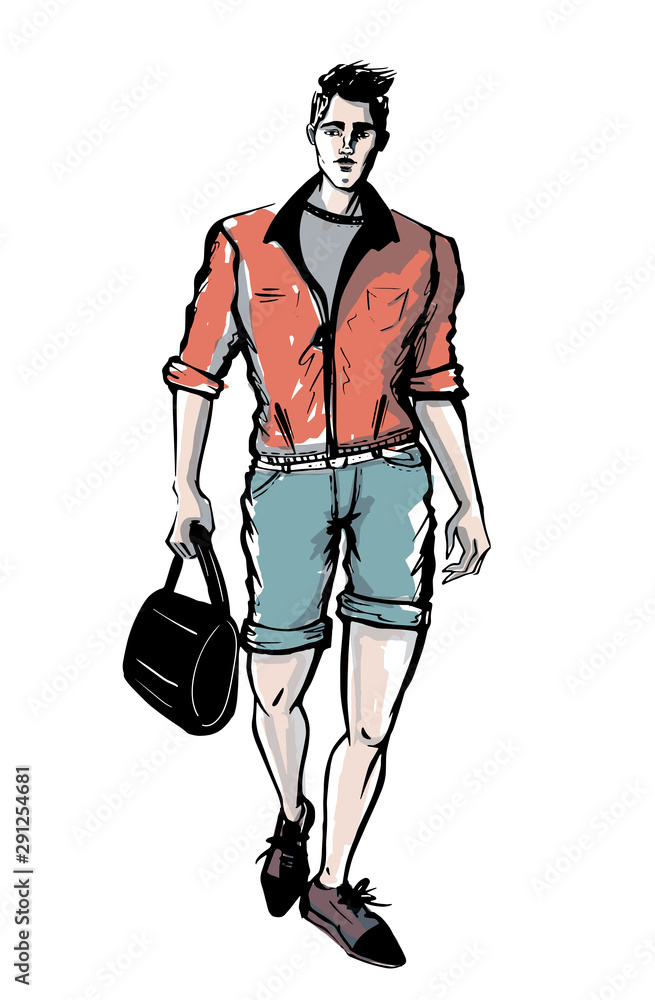 Male Model wearing shorts and a jacket with a bag in his hand Male Model wearing shorts and a jacket with a bag in his hand