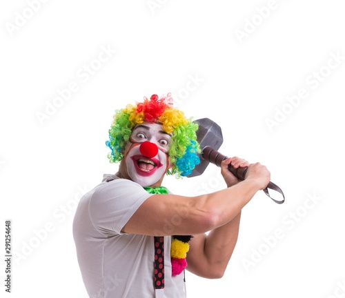 Funny clown with a hammer isolated on white background