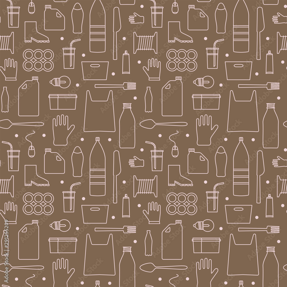 Stop using plastic seamless pattern with flat line icons. Polyethylene pollution awareness endless vector. Thin signs of plastics waste, bag, package, canister, bottle, disposable tableware, cosmetic Stop using plastic seamless pattern with flat line icons. Polyethylene pollution awareness endless vector. Thin signs of plastics waste, bag, package, canister, bottle, disposable tableware, cosmetic