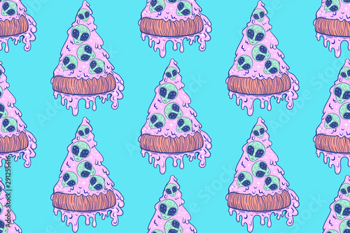 seamless pattern pizza with aliens, ufo