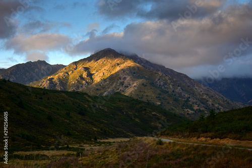 Landscape in New Zealand with mountains in the late evening sunlight. Near Hanmer Springs, South Island.