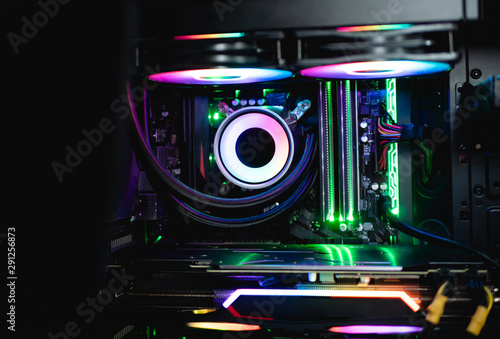 Case Mod concept with Cpu liquid cooling system, motherboard, case led kit and RGB fan.