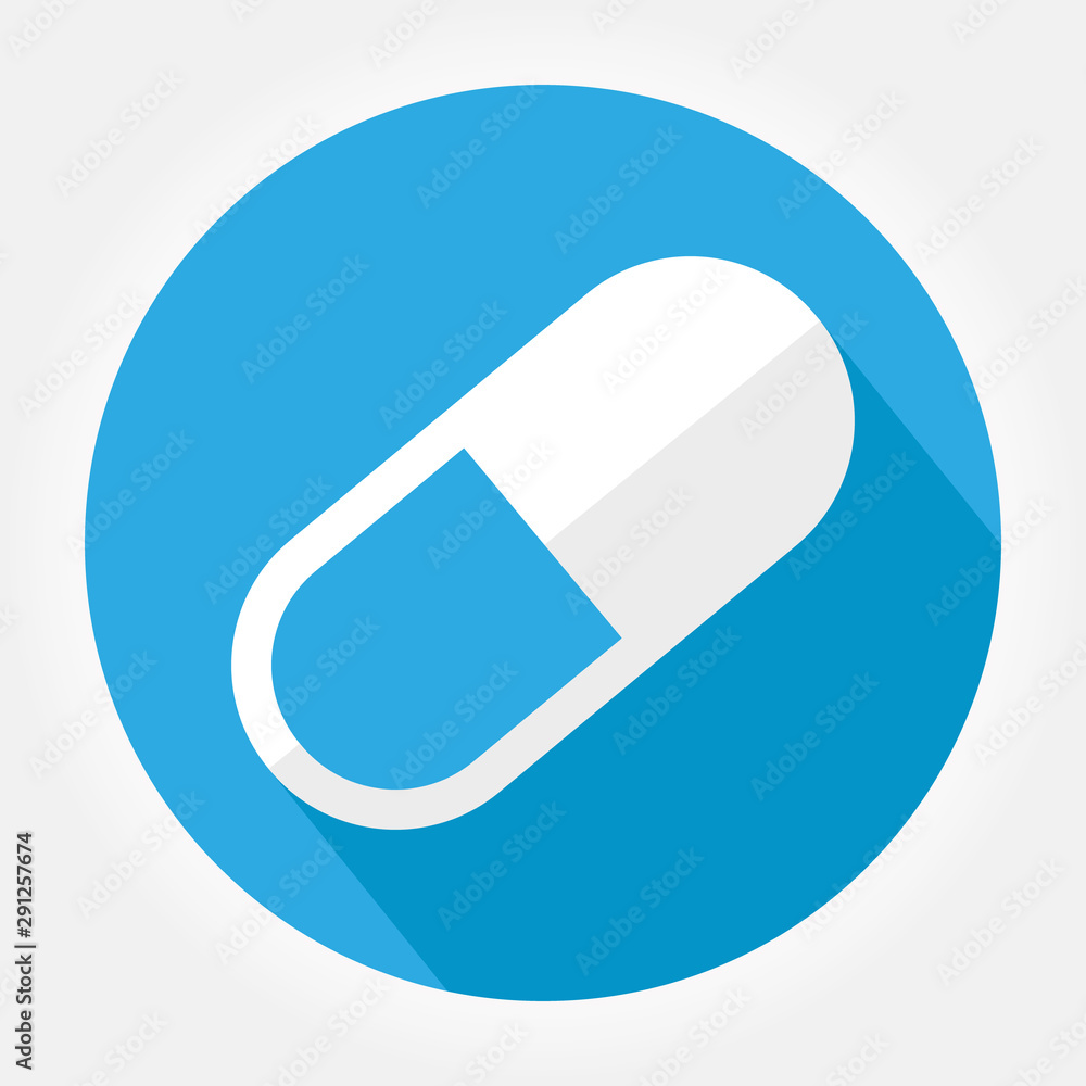 simple symbol of pill or vitamin. Gray icon with long shadow in bottom left corner on blue background.