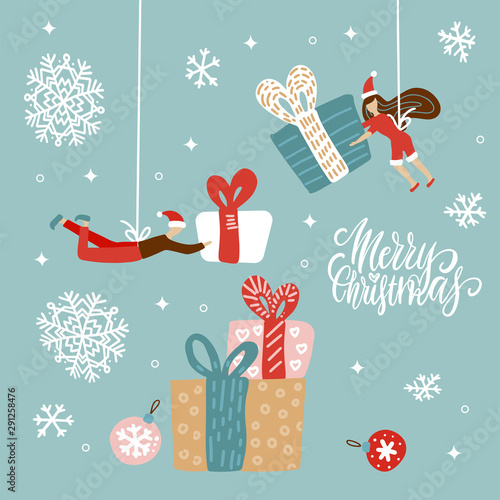 Christmas, New Year celebration cards. Small people with big gift boxes, presents in hands. Poster for social media, banner. Elves on the ropes build a stack of gifts. Flat design vector illustration