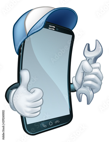 A mobile phone repair service or perhaps plumber or mechanic app cartoon character mascot holding spanner and giving a thumbs up.