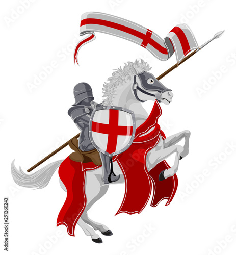 St George the medieval knight and patron Saint of England celebrated on saint Georges day riding his white rearing horse with a spear, shield and banner photo