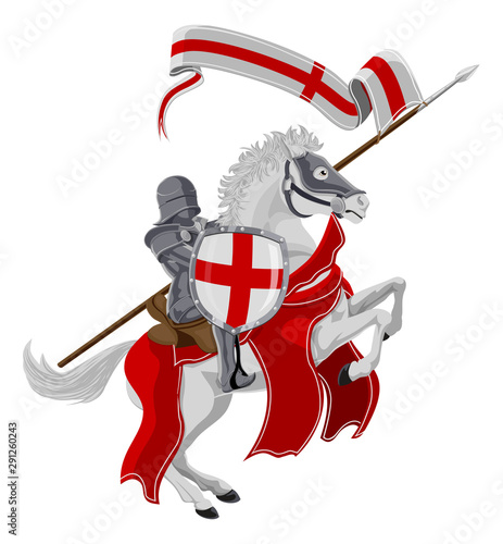 St George the medieval knight and patron Saint of England celebrated on saint Georges day riding his white rearing horse with a spear, shield and banner