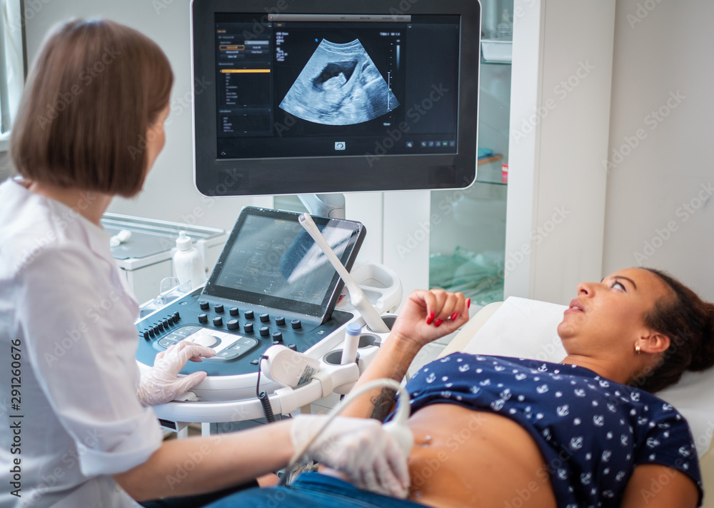 Pregnant woman on utltrasonographic examination at hospital - obrazy, fototapety, plakaty 