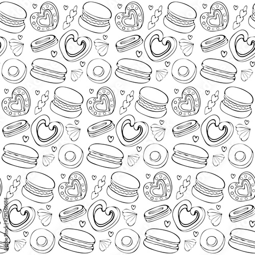 Seamless pattern of sweets, cookies, donut, marshmallow, macaron in vector. Sweet pastries and pastry isolated on white background. Hand drawn in vintage style.