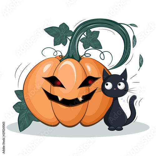 Scared trembling black cat looks back at the monster pumpkin