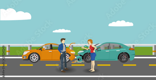 Accident in a car crash on the road, the driver came down to negotiate fiercely.