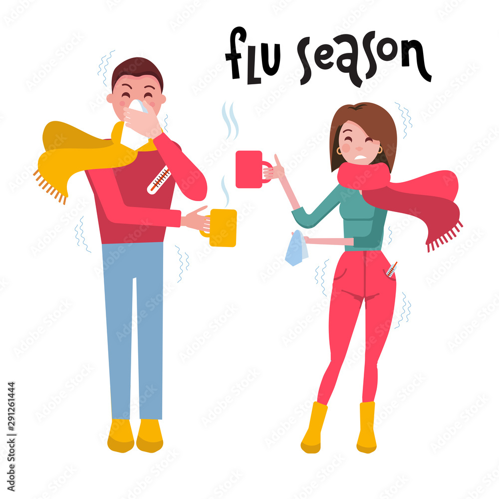 Set of sick people. Man and woman feeling unwell, having cold, seasonal  flu, high temperature, running nose, headache. Cartoon style vector  illustration of couple with cold on white background. Stock Vector |
