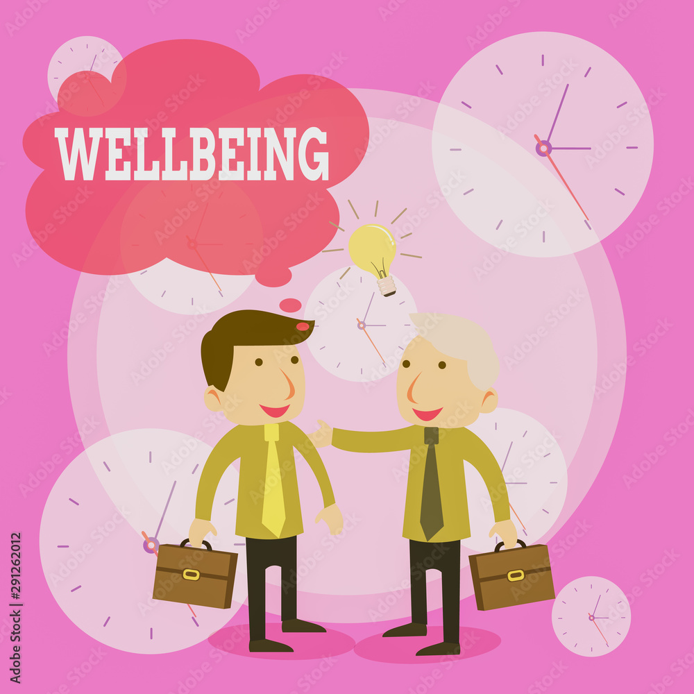 Conceptual hand writing showing Wellbeing. Concept meaning A good or satisfactory condition of existence including health Businessmen Colleagues with Brief Case Sharing Idea Solution Conceptual hand writing showing Wellbeing. Concept meaning A good or satisfactory condition of existence including health Businessmen Colleagues with Brief Case Sharing Idea Solution