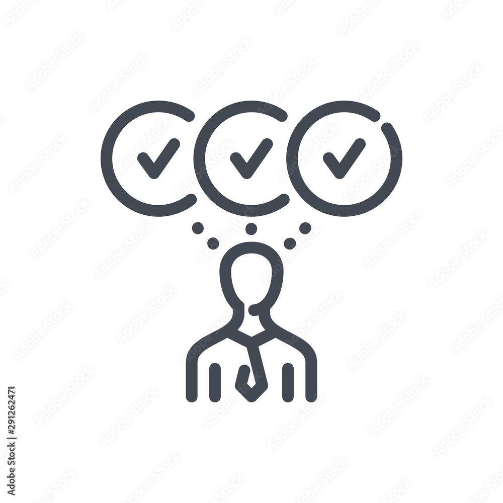 Person with multiply confirmations line icon. Businessman with check marks vector outline sign. Person with multiply confirmations line icon. Businessman with check marks vector outline sign.
