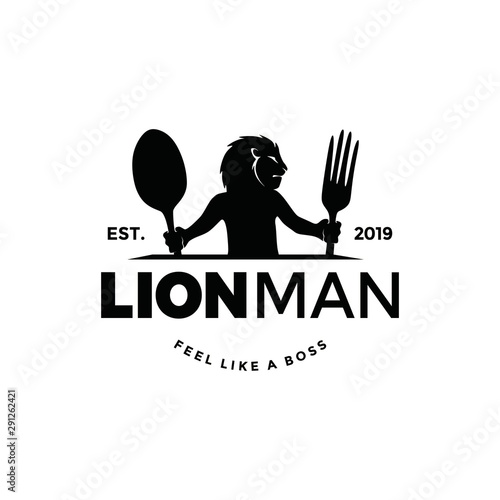 Animal lion man bring fork and spoon for eat. food lover logo icon vector. half of fauna head and human body. Unique original graphic. Luxury simple look.