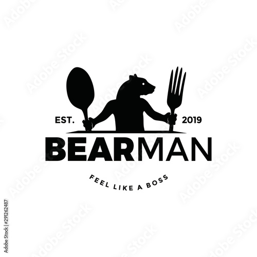 Animal man bring fork and spoon for eat. food lover logo icon vector. half of fauna head and human body. Unique original graphic. Luxury simple look.