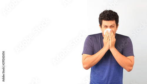 Asian men sneezing On a white background
