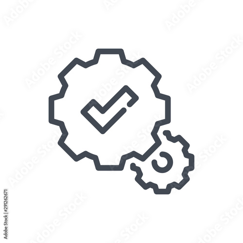 Gears with check mark line icon. Settings with tick vector outline sign.