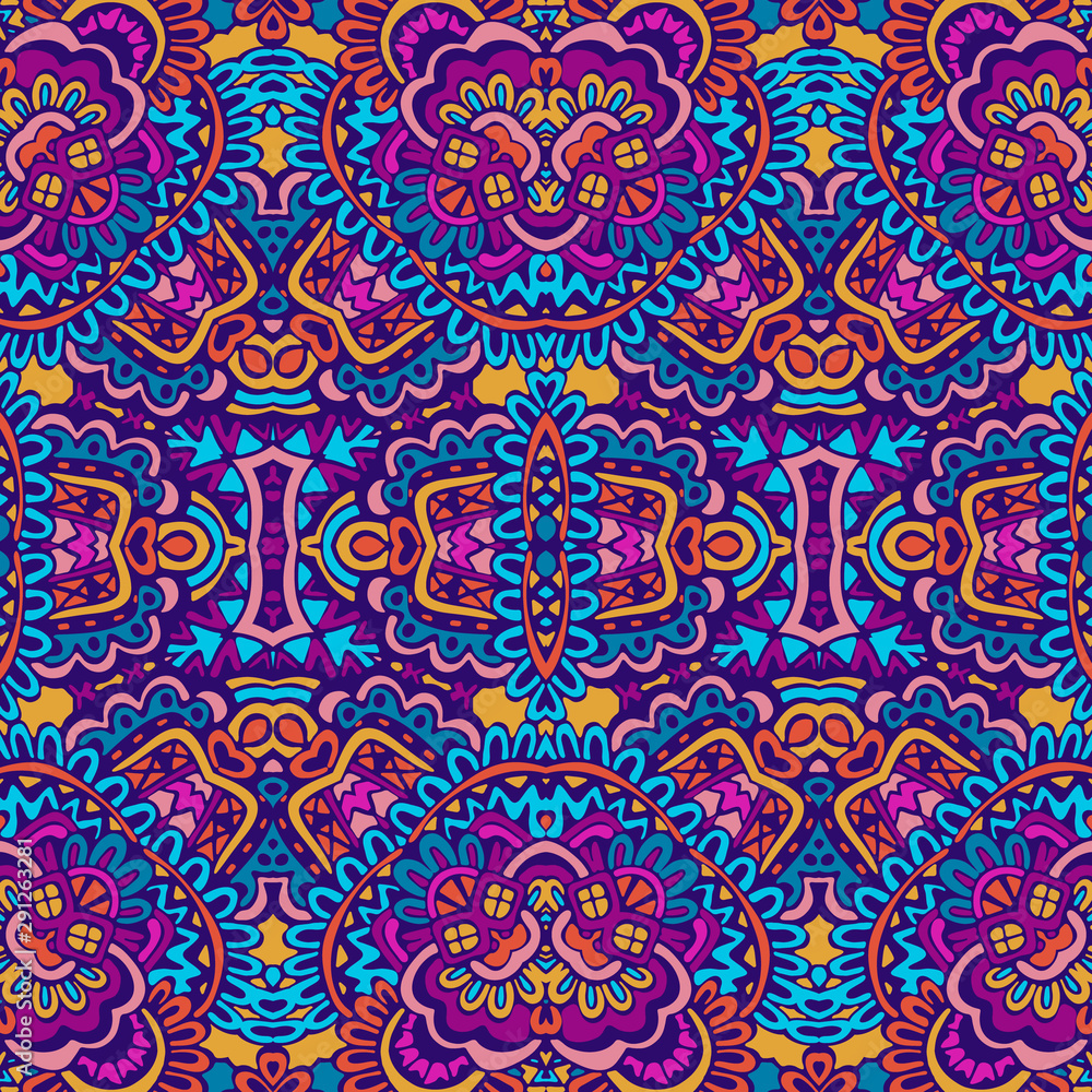 Festive colorful seamless vector pattern psychedelic doodle art