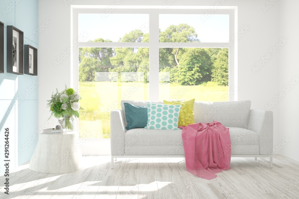 Stylish room in white color with sofa and summer landscape in window. Scandinavian interior design. 3D illustration Stylish room in white color with sofa and summer landscape in window. Scandinavian interior design. 3D illustration